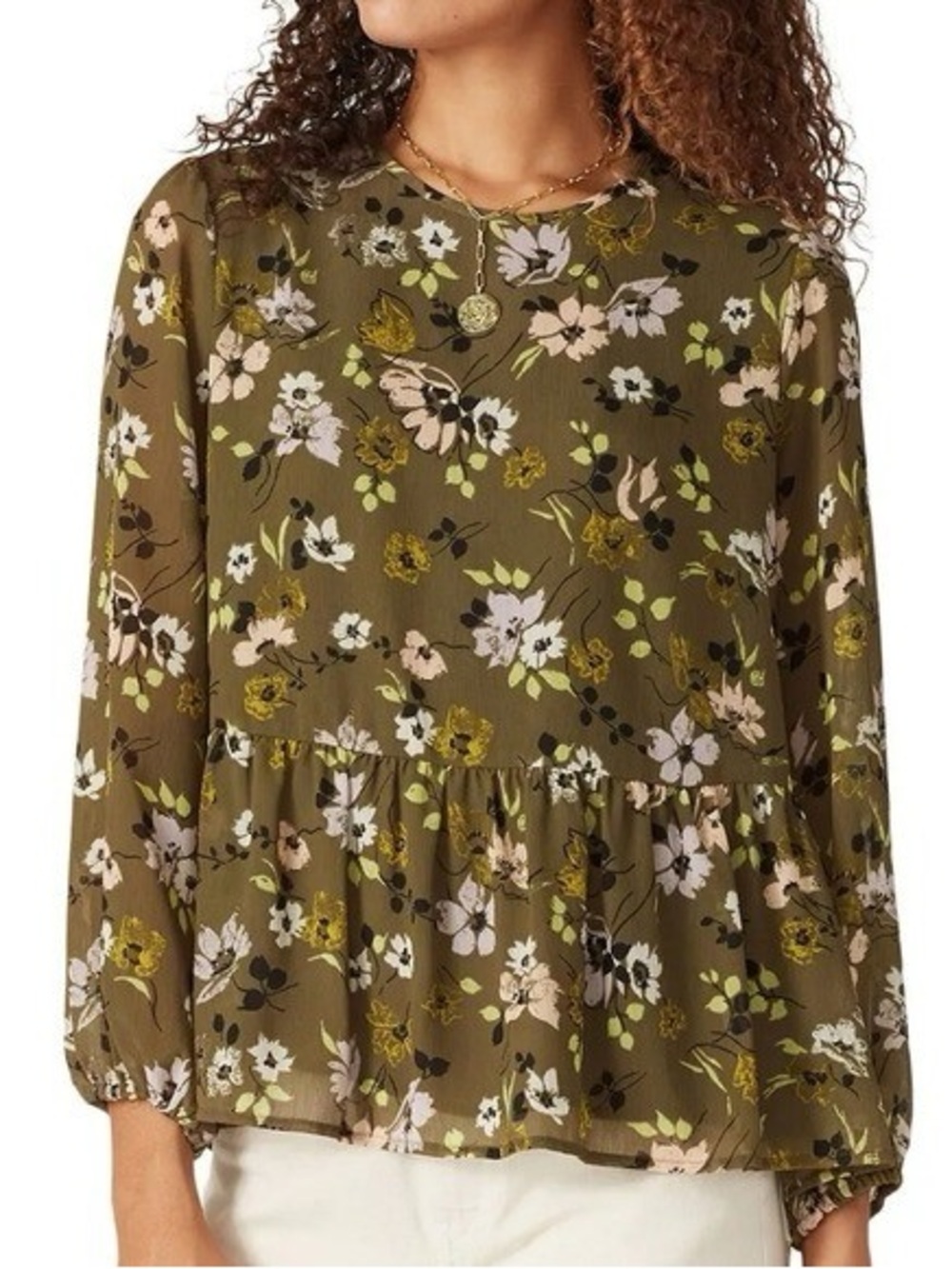 Madewell Georgette Peplum Top Wild Blooms Green Floral Long Sleeve Blouse (M)